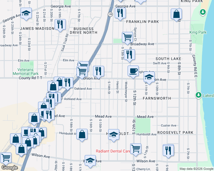 map of restaurants, bars, coffee shops, grocery stores, and more near 2133 South 15th Street in Sheboygan