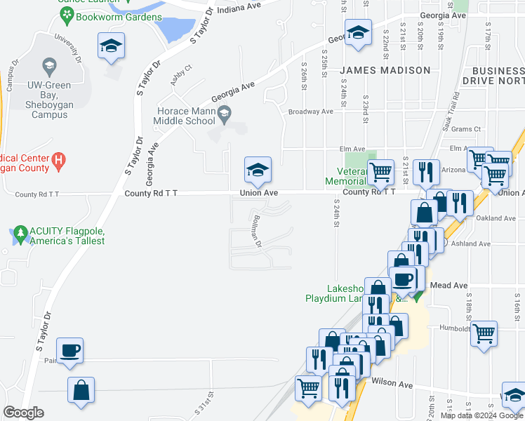 map of restaurants, bars, coffee shops, grocery stores, and more near 2140 Meadowland Drive in Sheboygan