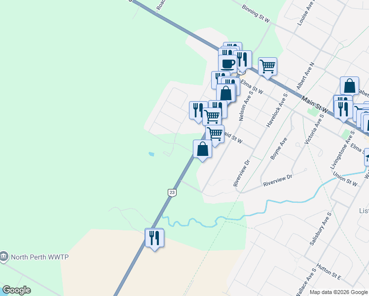 map of restaurants, bars, coffee shops, grocery stores, and more near 965 Twamley Street in Listowel