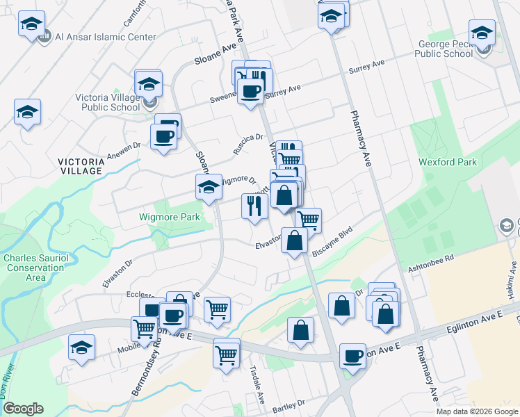 map of restaurants, bars, coffee shops, grocery stores, and more near in Toronto