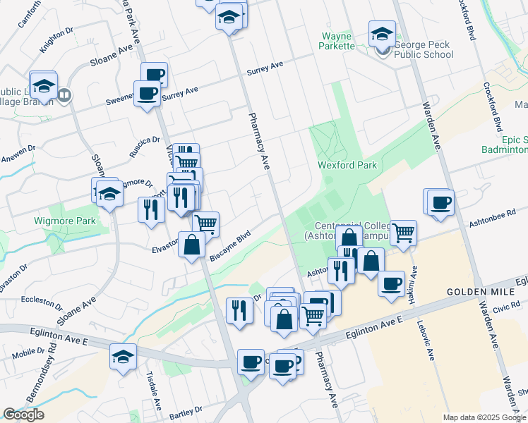 map of restaurants, bars, coffee shops, grocery stores, and more near in Toronto