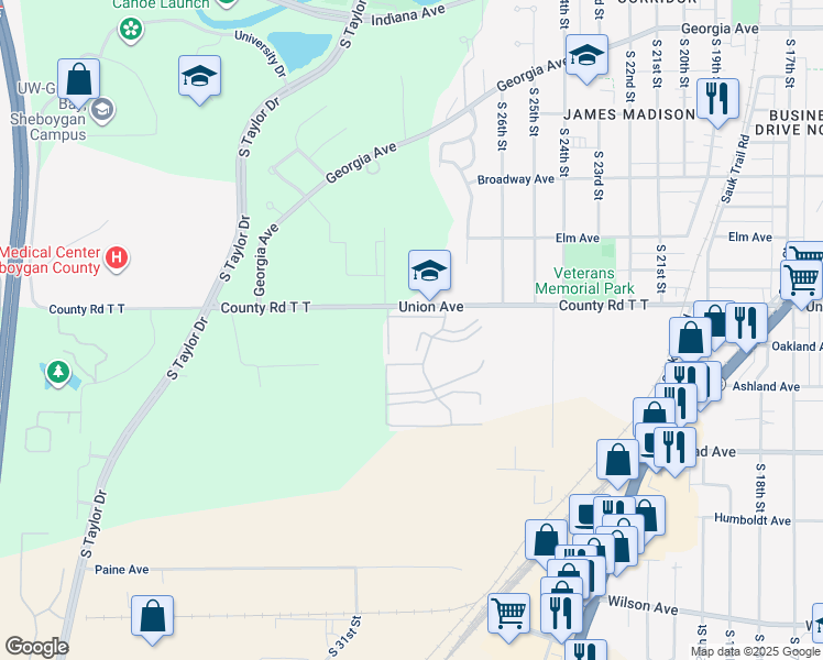 map of restaurants, bars, coffee shops, grocery stores, and more near 2140 Meadowland Drive in Sheboygan