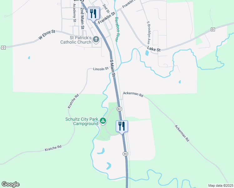 map of restaurants, bars, coffee shops, grocery stores, and more near N2435 State Route 82 East in Elroy