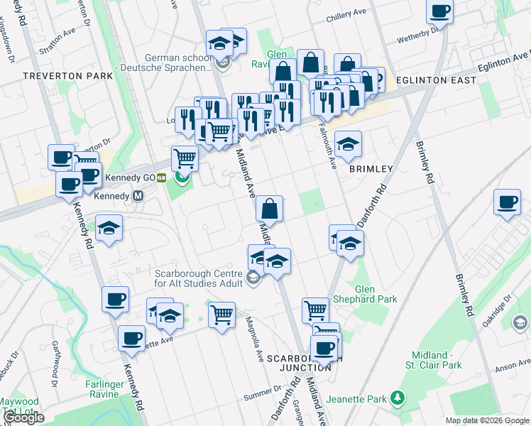 map of restaurants, bars, coffee shops, grocery stores, and more near 767 Midland Avenue in Toronto