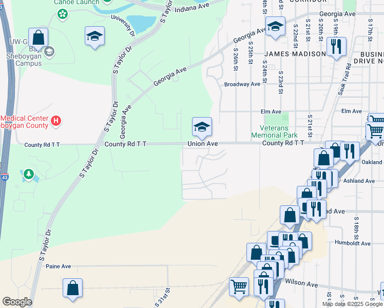 map of restaurants, bars, coffee shops, grocery stores, and more near 2210 Meadowland Drive in Sheboygan