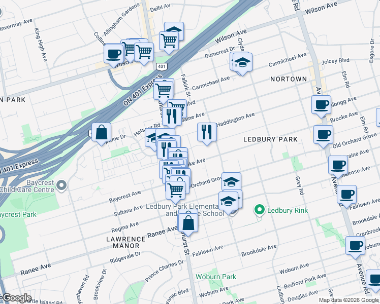 map of restaurants, bars, coffee shops, grocery stores, and more near 137 Bannockburn Avenue in Toronto