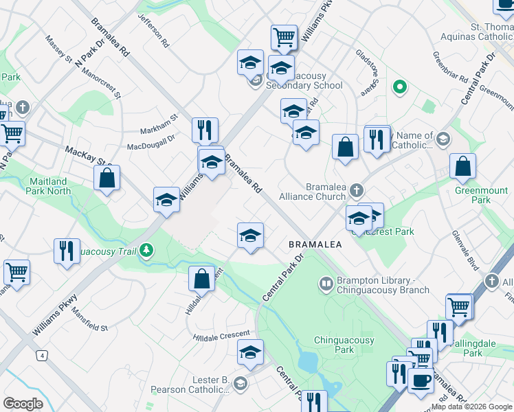 map of restaurants, bars, coffee shops, grocery stores, and more near 9 Hardcastle Court in Brampton