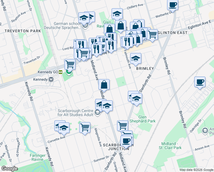 map of restaurants, bars, coffee shops, grocery stores, and more near 70 Commonwealth Avenue in Toronto