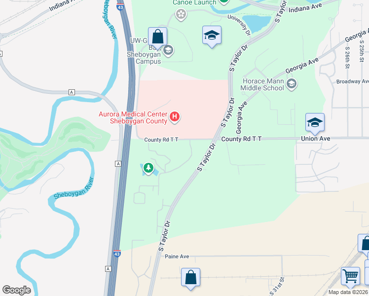 map of restaurants, bars, coffee shops, grocery stores, and more near 3525 Union Avenue in Sheboygan