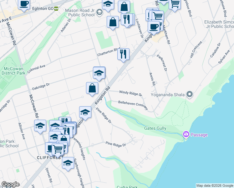 map of restaurants, bars, coffee shops, grocery stores, and more near 5 Windy Ridge Drive in Toronto