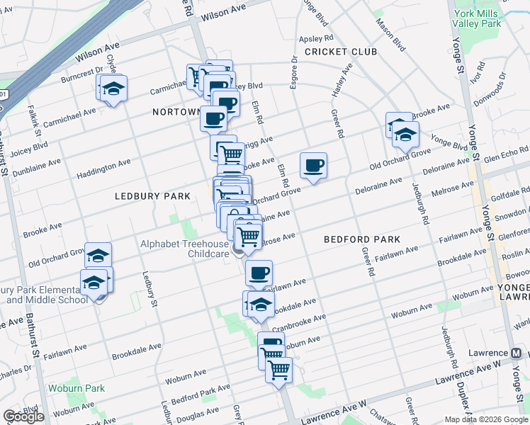 map of restaurants, bars, coffee shops, grocery stores, and more near 352 Deloraine Avenue in Toronto