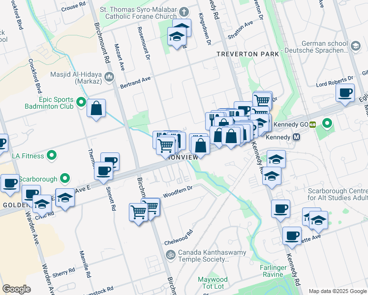 map of restaurants, bars, coffee shops, grocery stores, and more near in Toronto