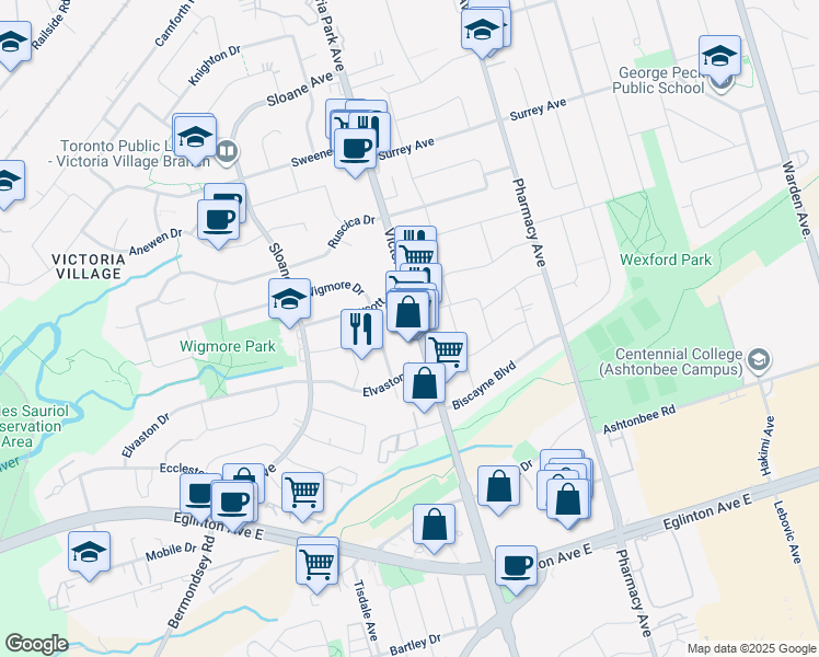 map of restaurants, bars, coffee shops, grocery stores, and more near in Toronto