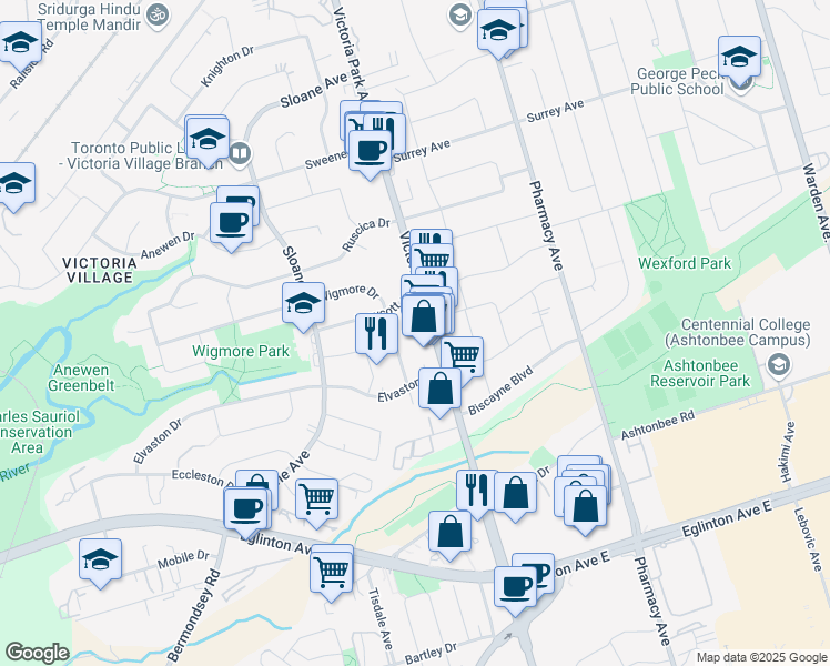 map of restaurants, bars, coffee shops, grocery stores, and more near in Toronto