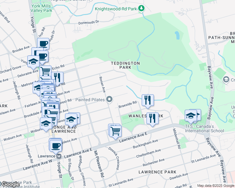 map of restaurants, bars, coffee shops, grocery stores, and more near 190 Roslin Avenue in Toronto