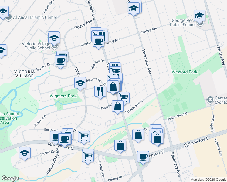 map of restaurants, bars, coffee shops, grocery stores, and more near 11 Wigmore Drive in Toronto