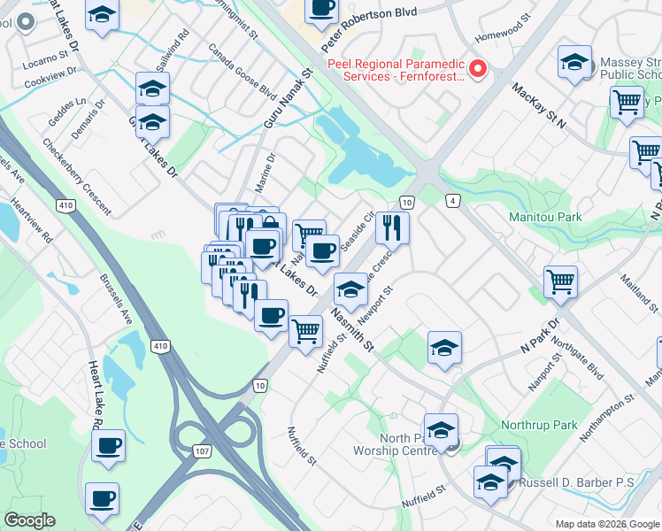 map of restaurants, bars, coffee shops, grocery stores, and more near 24 Seaside Circle in Brampton