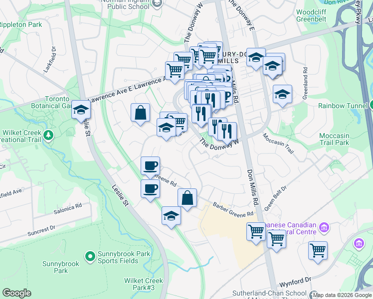 map of restaurants, bars, coffee shops, grocery stores, and more near in Toronto