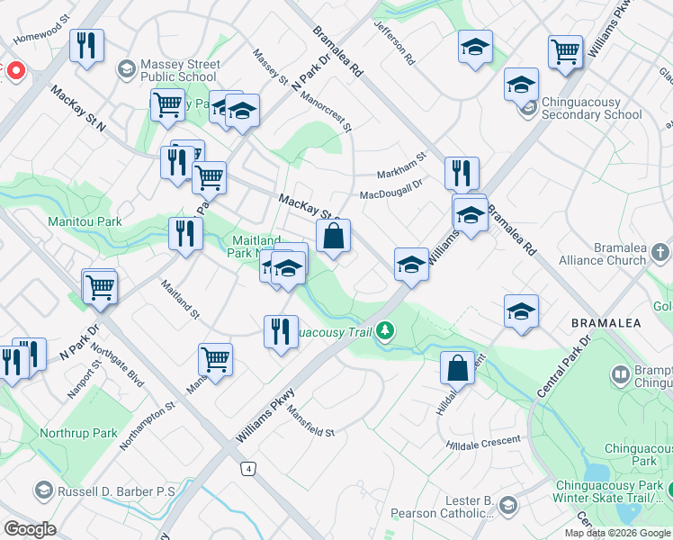map of restaurants, bars, coffee shops, grocery stores, and more near 30 Mayfair Crescent in Brampton