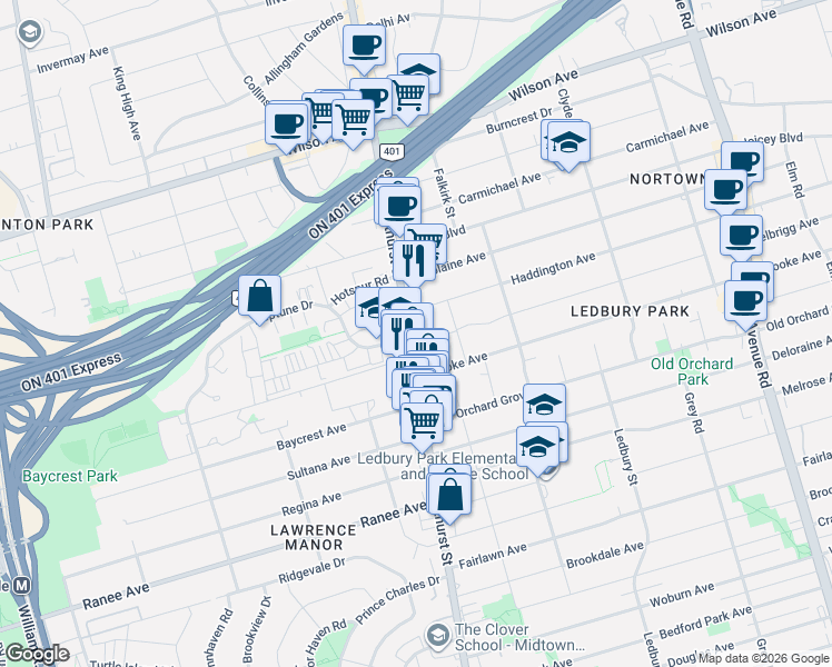 map of restaurants, bars, coffee shops, grocery stores, and more near 3575 Bathurst Street in Toronto