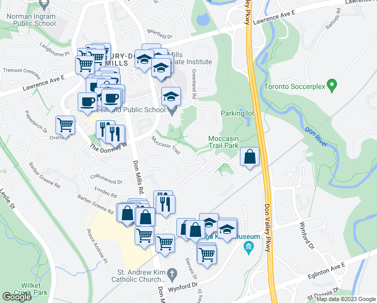 map of restaurants, bars, coffee shops, grocery stores, and more near 35 Moccasin Trail in Toronto