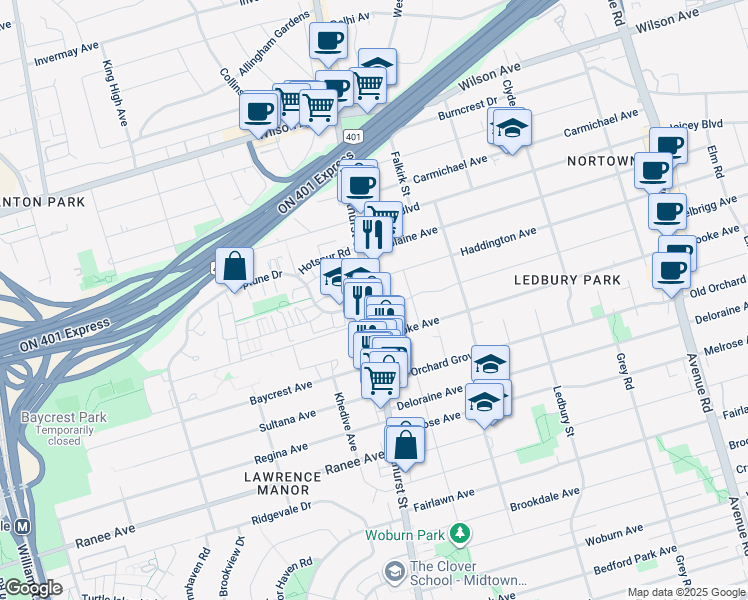 map of restaurants, bars, coffee shops, grocery stores, and more near 3575 Bathurst Street in Toronto