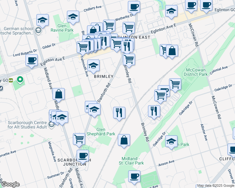 map of restaurants, bars, coffee shops, grocery stores, and more near in Toronto