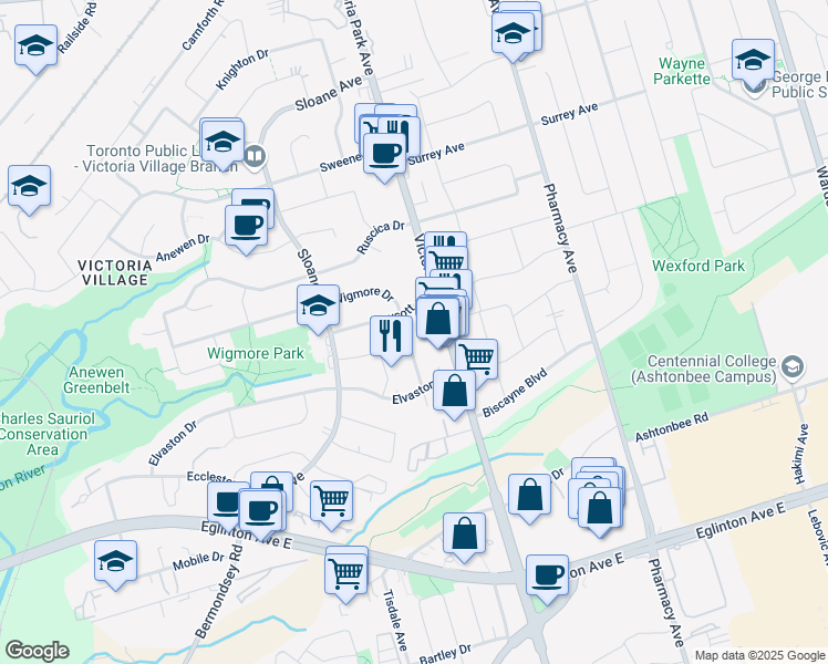 map of restaurants, bars, coffee shops, grocery stores, and more near in Toronto