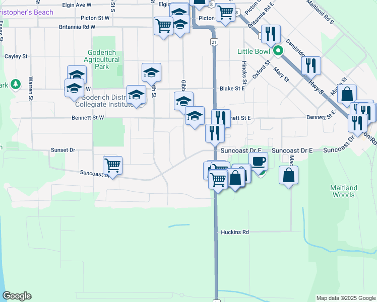 map of restaurants, bars, coffee shops, grocery stores, and more near 52 Suncoast Drive East in Goderich