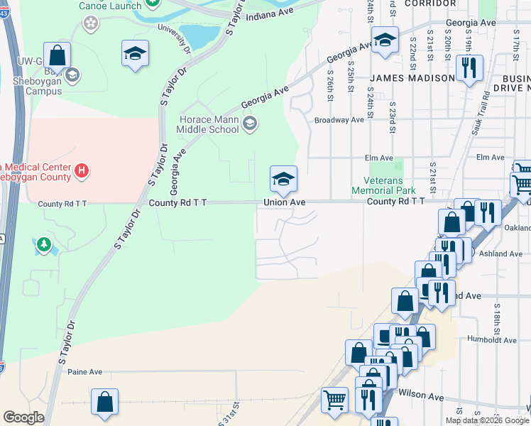 map of restaurants, bars, coffee shops, grocery stores, and more near 2124 Meadowland Drive in Sheboygan