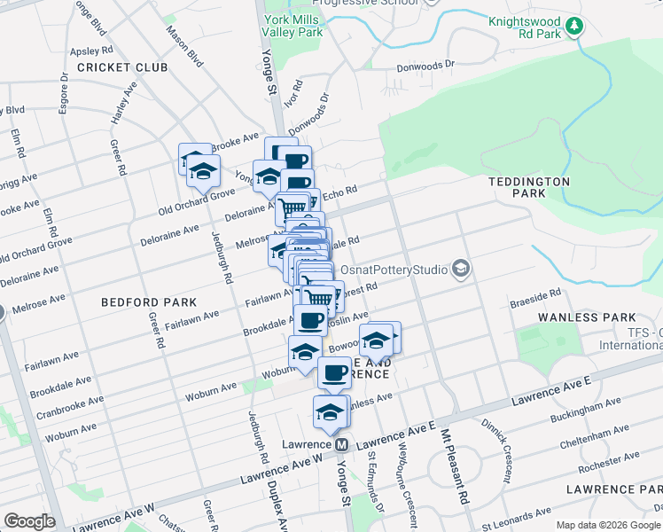 map of restaurants, bars, coffee shops, grocery stores, and more near 40 Snowdon Avenue in Toronto