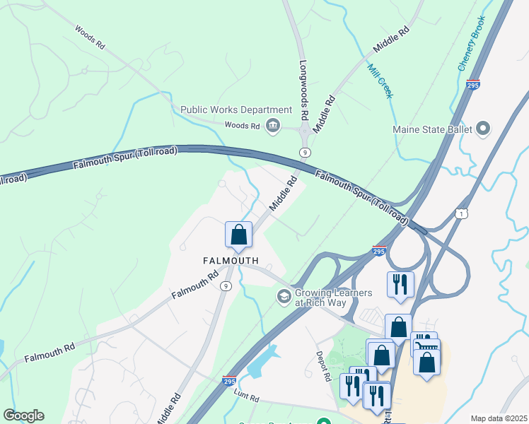 map of restaurants, bars, coffee shops, grocery stores, and more near 250 Middle Road in Falmouth