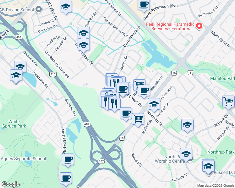 map of restaurants, bars, coffee shops, grocery stores, and more near 80 Great Lakes Drive in Brampton