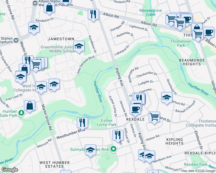 map of restaurants, bars, coffee shops, grocery stores, and more near 60 Esther Lorrie Drive in Toronto