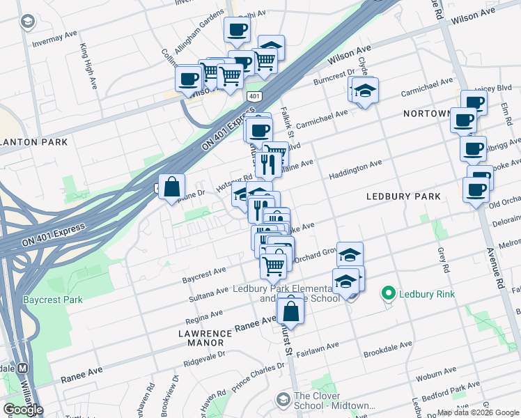 map of restaurants, bars, coffee shops, grocery stores, and more near in Toronto