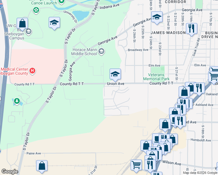 map of restaurants, bars, coffee shops, grocery stores, and more near 2140 Meadowland Drive in Sheboygan