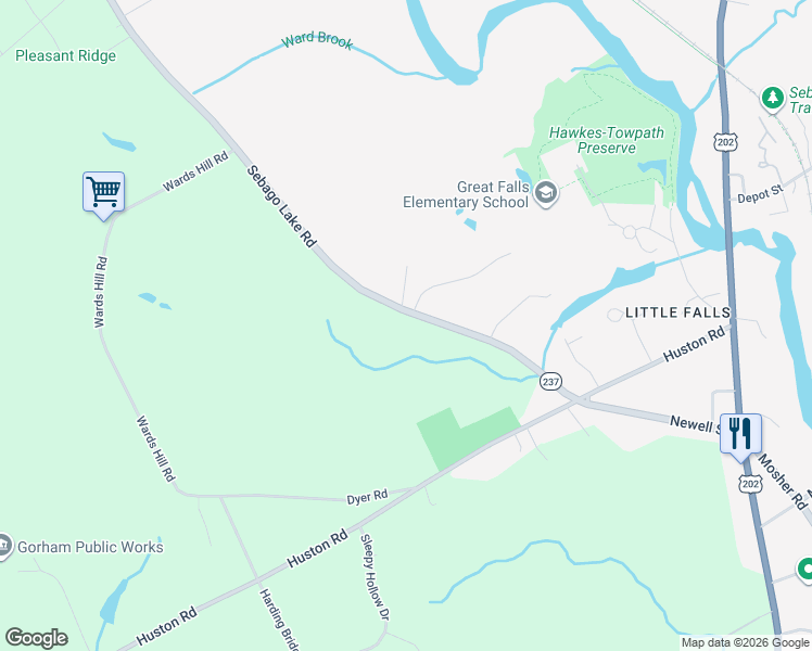 map of restaurants, bars, coffee shops, grocery stores, and more near 46 Sebago Lake Road in Gorham