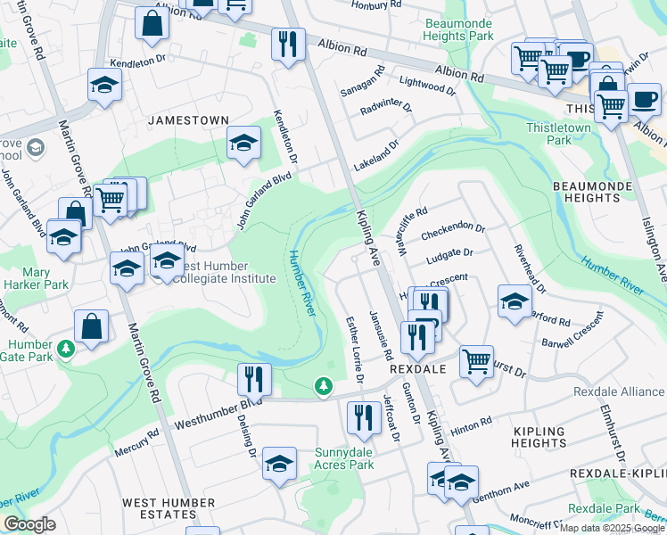 map of restaurants, bars, coffee shops, grocery stores, and more near 60 Esther Lorrie Drive in Toronto