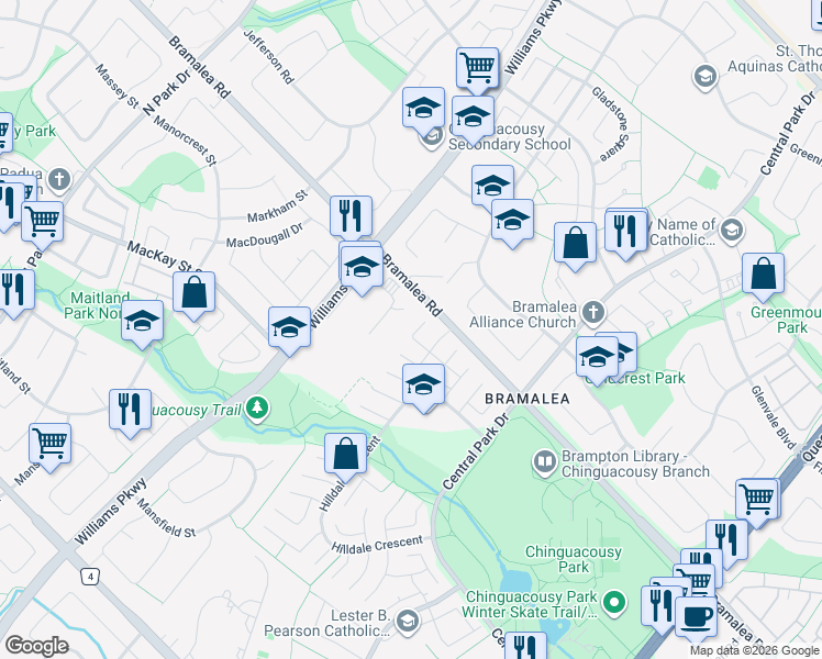map of restaurants, bars, coffee shops, grocery stores, and more near 19 Hindquarter Court in Brampton