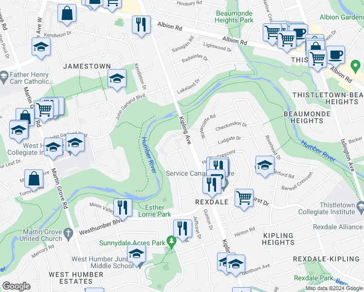map of restaurants, bars, coffee shops, grocery stores, and more near 80 Esther Lorrie Drive in Toronto