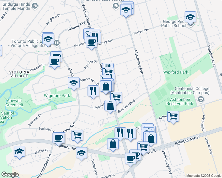 map of restaurants, bars, coffee shops, grocery stores, and more near in Toronto