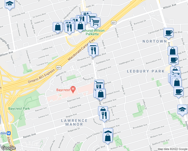 map of restaurants, bars, coffee shops, grocery stores, and more near 3576-3598 Bathurst Street in Toronto