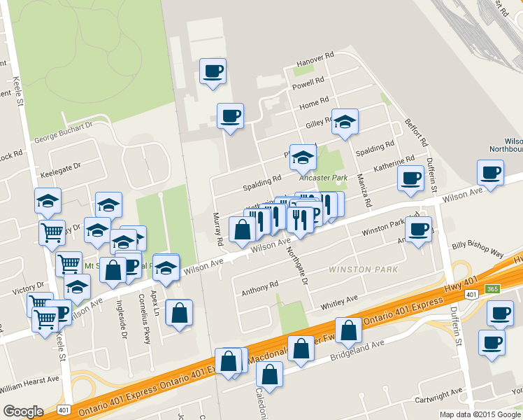 map of restaurants, bars, coffee shops, grocery stores, and more near in Toronto