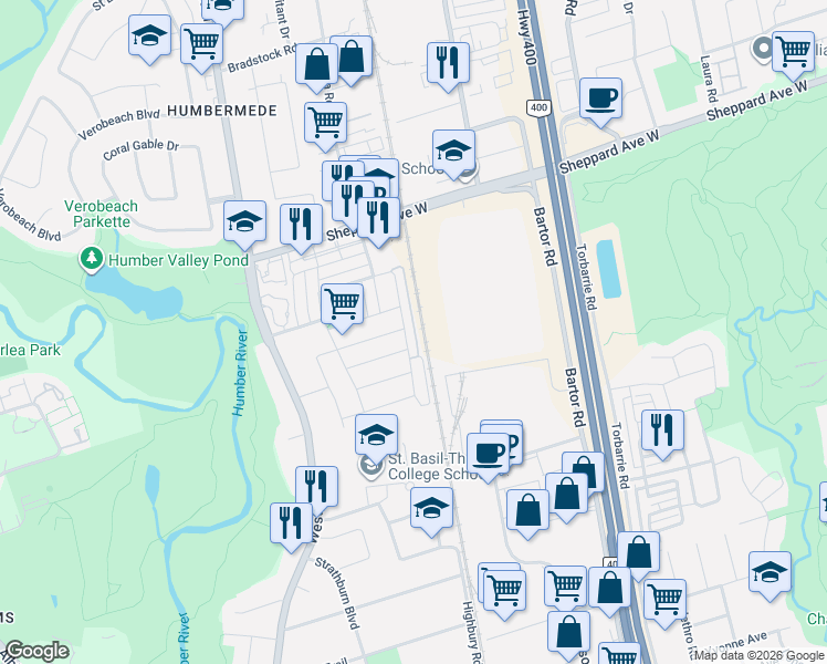 map of restaurants, bars, coffee shops, grocery stores, and more near 133 Isaac Devins Boulevard in Toronto