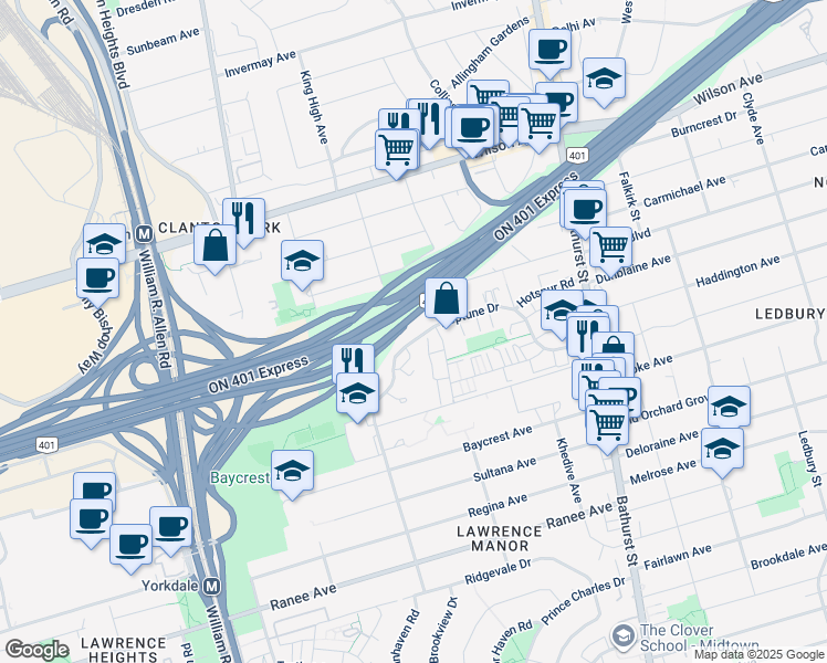 map of restaurants, bars, coffee shops, grocery stores, and more near 114 Neptune Drive in Toronto
