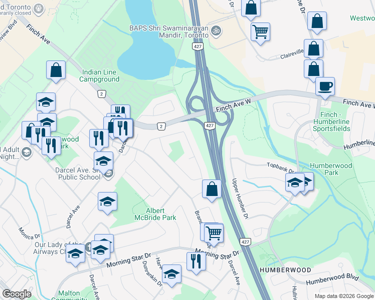 map of restaurants, bars, coffee shops, grocery stores, and more near 7342 Sigsbee Drive in Mississauga