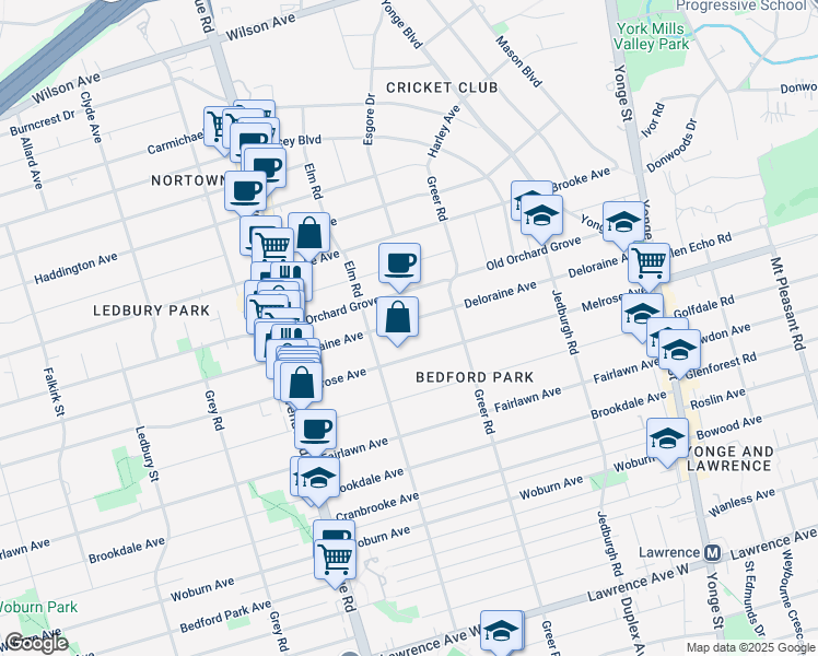 map of restaurants, bars, coffee shops, grocery stores, and more near 257 Deloraine Avenue in Toronto