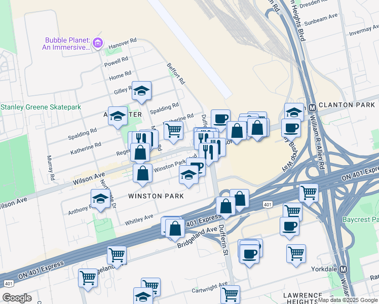 map of restaurants, bars, coffee shops, grocery stores, and more near in Toronto