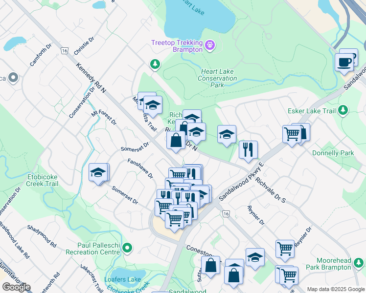 map of restaurants, bars, coffee shops, grocery stores, and more near 25 Driftwood Crescent in Brampton
