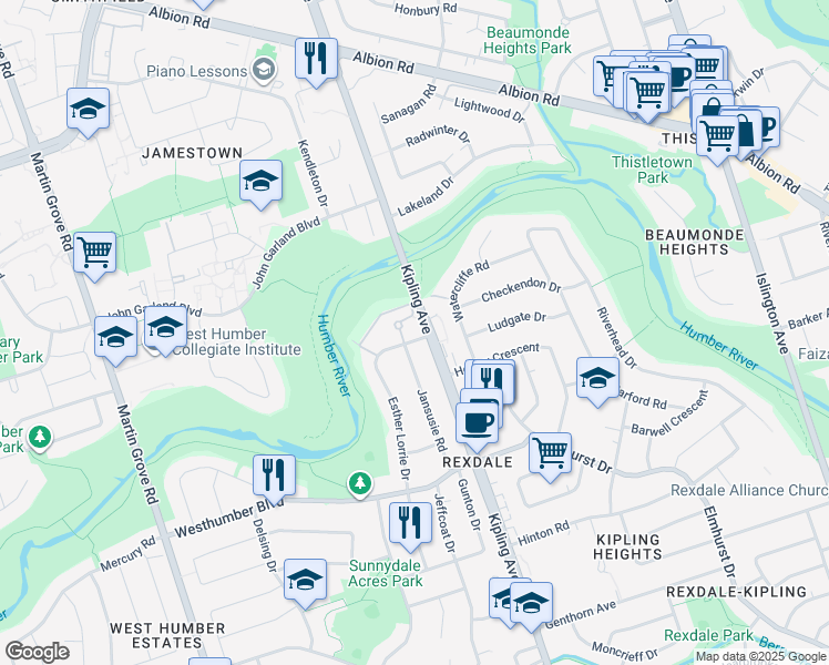 map of restaurants, bars, coffee shops, grocery stores, and more near 80 Esther Lorrie Drive in Toronto